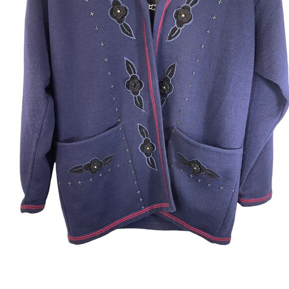 Vintage Women's Wool Coat Jacket Beaded Embroidered Floral Blue Floral Jinju - Picture 4 of 9